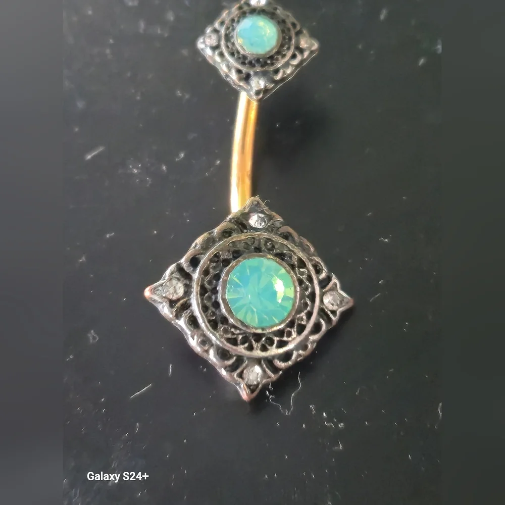 Gold Tone Navel Ring with Green Opal Gemstone - Picture 2 of 2